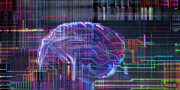 发光的AI人工智能大脑与流动的数据流、个性化推荐界面交织在一起，形成科技感十足的可视化图表