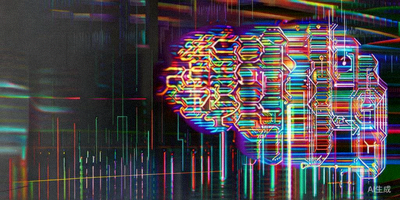 人工智能大脑神经网络与流动的大数据图表交织融合的可视化图像，象征智能算法与海量数据的协同作用