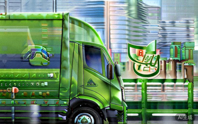 可回收包装与绿色物流车辆，背景有平台环保认证标志