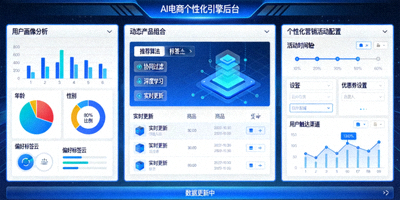 基于AI的电商个性化引擎后台，展示用户画像、动态产品组合与个性化营销活动配置
