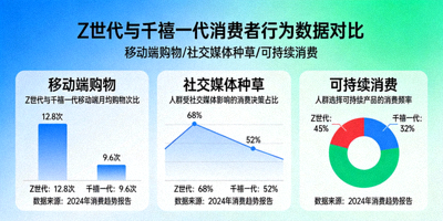 图表展示Z世代与千禧一代消费者在移动端购物、社交媒体种草、可持续消费方面的行为数据变化