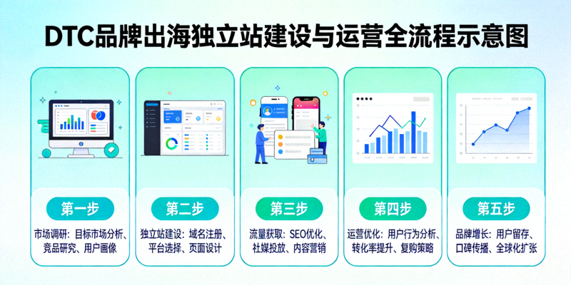 DTC品牌出海独立站建设与运营全流程示意图