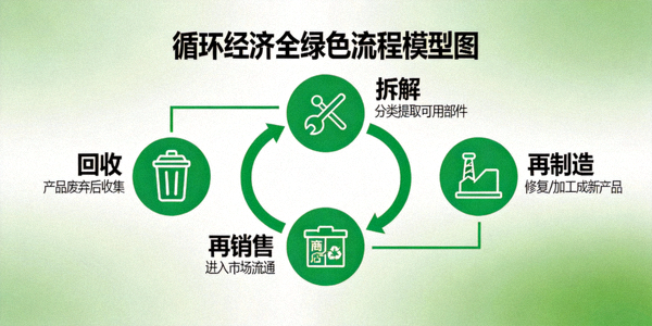 循环经济模型图，展示产品从回收到再制造的全绿色流程