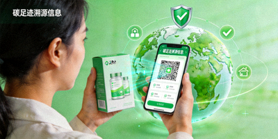 消费者扫描产品二维码查看碳足迹溯源信息，背景是绿色地球与信任图标