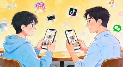 Z世代与千禧一代消费者通过手机购物，背景有社交媒体图标