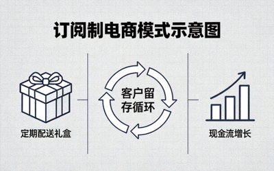 展示订阅制电商模式示意图：定期配送的礼盒、循环箭头象征客户留存、上升的现金流图表
