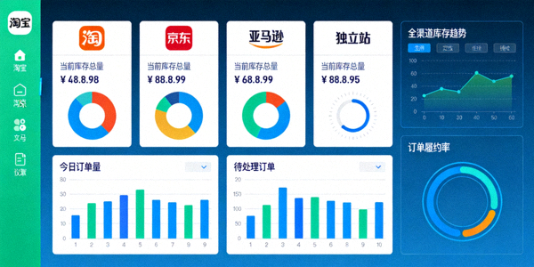 多个电商平台与独立站数据仪表盘统一视图，展示全渠道库存与订单管理