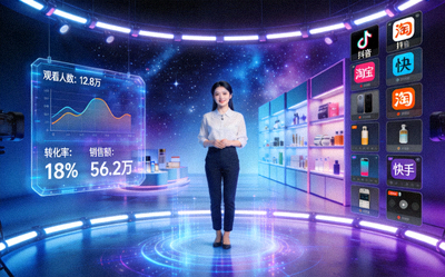 高级直播带货场景，包含虚拟背景、实时数据分析与多平台推流技术