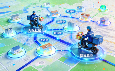 基于地理位置的超本地化即时配送网络图，骑手正在取送商品