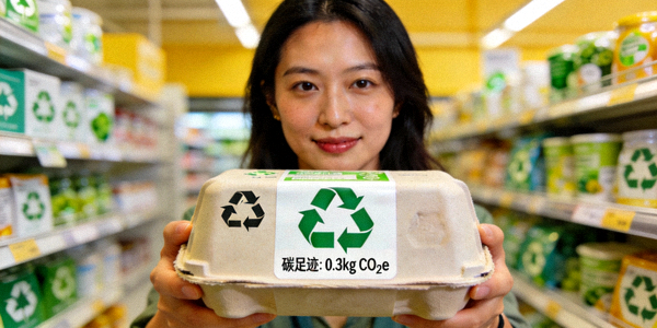 可回收包装与碳足迹标签特写，背景是选择环保产品的消费者