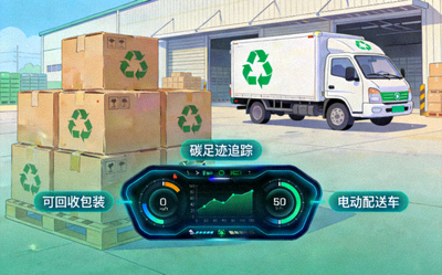 可回收包装、电动配送车与碳足迹追踪仪表盘，展示绿色供应链实践
