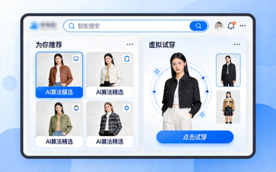 人工智能驱动的个性化电商界面展示，包括智能搜索、推荐和虚拟试穿等功能