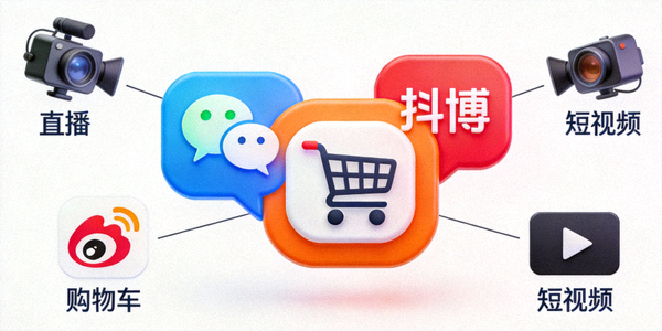 社交媒体图标与购物车融合，展示直播、短视频等内容电商形态