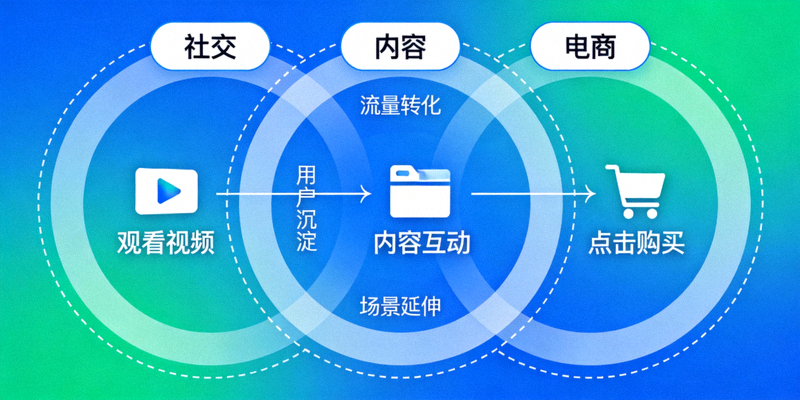 信息图展示社交、内容、电商三环交融，用户从观看视频到点击购买的无缝旅程