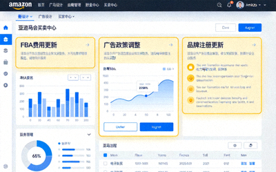 亚马逊卖家中心界面，突出显示FBA费用、广告政策与品牌注册更新的通知区域