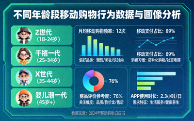不同年龄段消费者在移动设备上购物的行为数据图表与画像分析