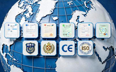 多国海关文件、税务标志与合规认证图标排列，背景为地球仪