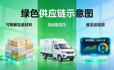 可降解包装材料、电动配送车与碳足迹追踪仪表盘，展示绿色供应链