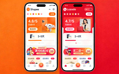 Shopee和Lazada平台界面，突出显示店铺评分、物流时效与促销活动规则