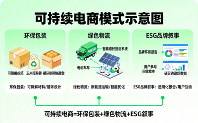 可持续电商模式：环保包装、绿色物流与ESG品牌叙事示意图