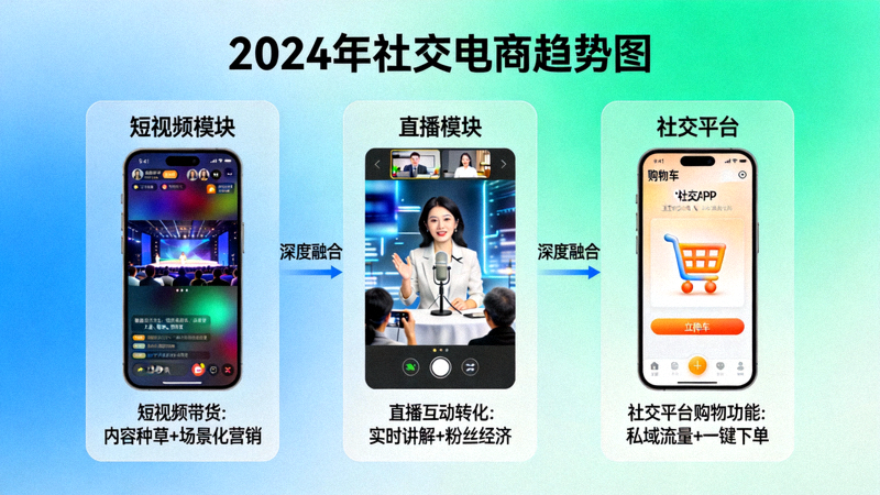 2024年社交电商趋势图：展示短视频、直播与社交平台购物功能的深度融合场景