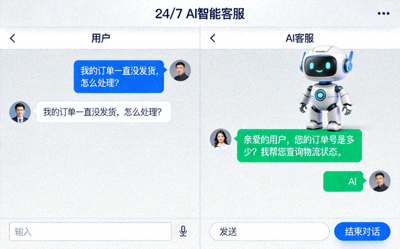 24/7 AI智能客服机器人对话界面，正在解答用户问题