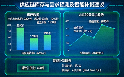 供应链库存与需求预测数据图表，展示智能补货建议