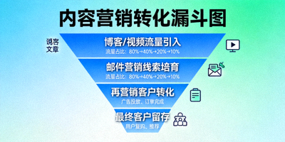内容营销漏斗图，展示从博客、视频到邮件营销、再营销的完整转化路径