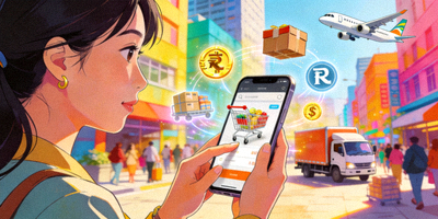 新兴市场年轻消费者使用手机购物的场景，背景有当地货币与物流图标