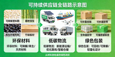 展示从环保材料、低碳物流到绿色包装的可持续供应链全链路示意图