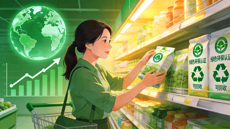 展示消费者选择带有环保认证和可回收标志产品的场景，背景为绿色地球与增长图表